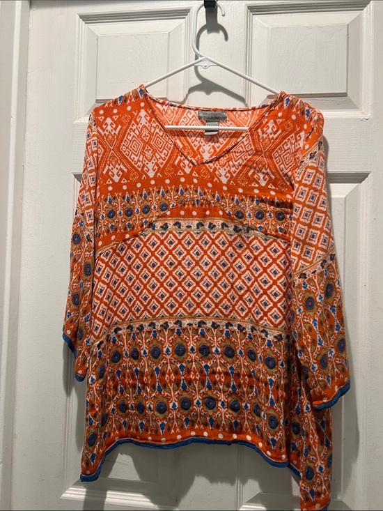 Cost Plus World Market Tops - Cost Plus World Market Orange Patterned V-Neck Boho Blouse